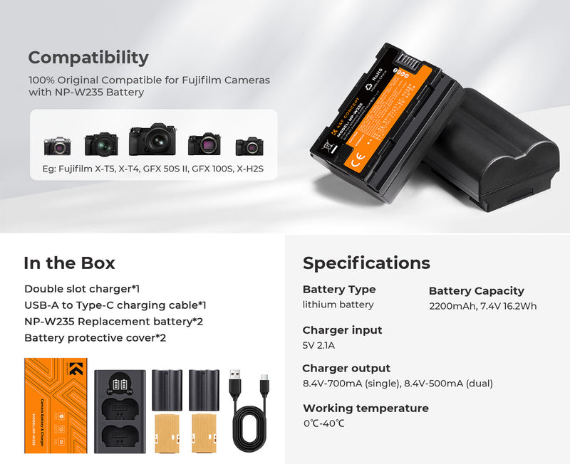 K&F Concept NP-W235 2200mAh Digital Camera Dual Battery with Dual Channel Charger