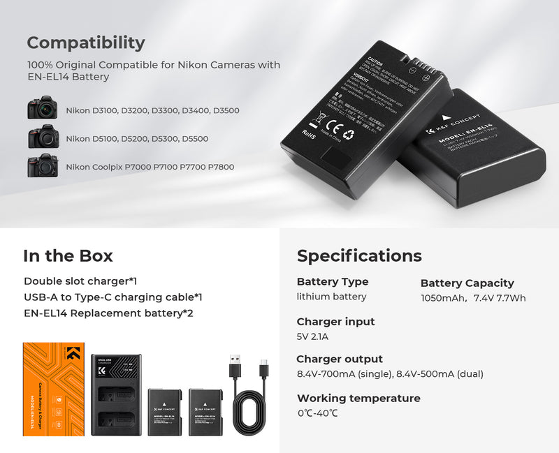 K&F Concept EN-EL14 1050mAh Digital Camera Dual Battery with Dual Channel Charger