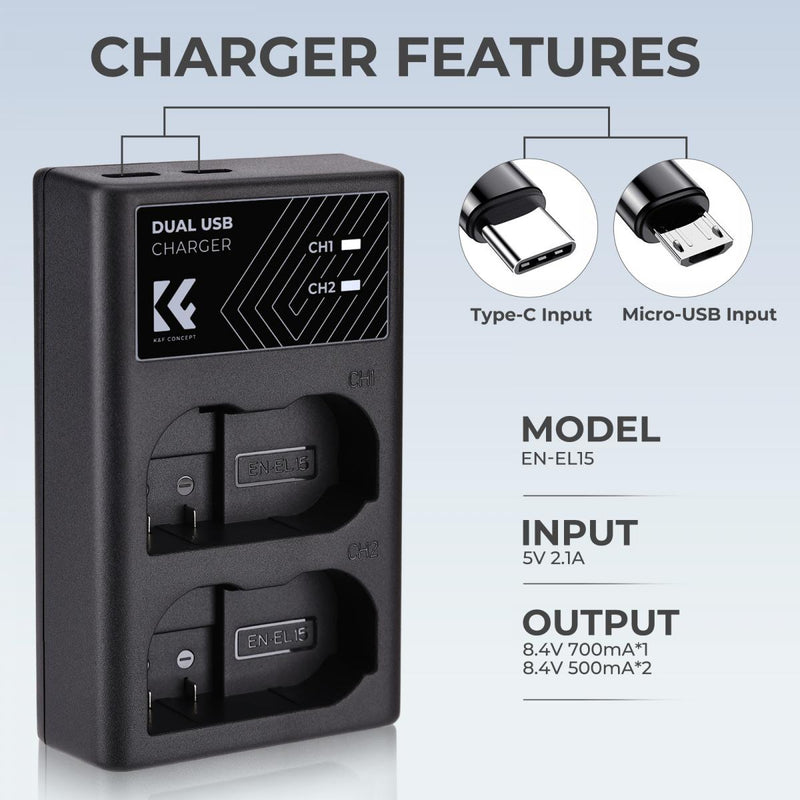 K&F Concept EN-EL15 Digital Camera Dual Channel Charger with Type-C Charging Cable