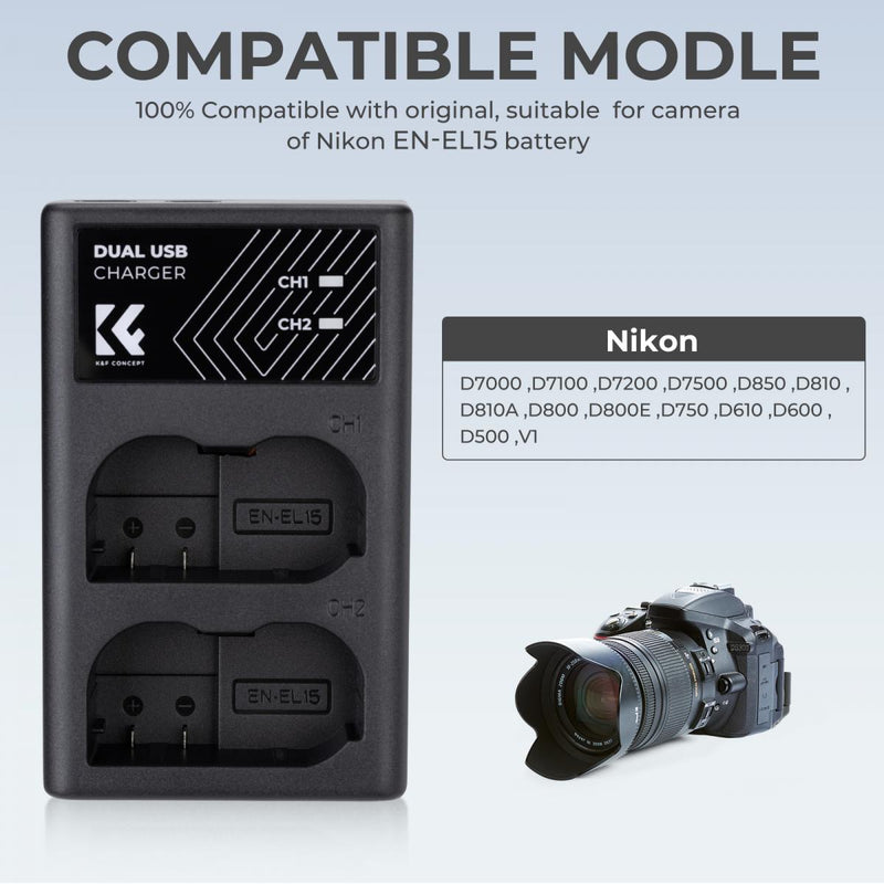 K&F Concept EN-EL15 Digital Camera Dual Channel Charger with Type-C Charging Cable