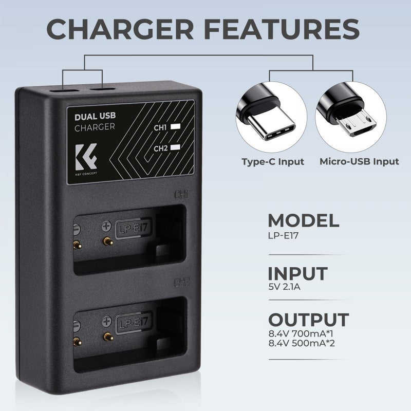 K&F Concept LP-E17 Dual Channel Charger with Type-C Charging Cable