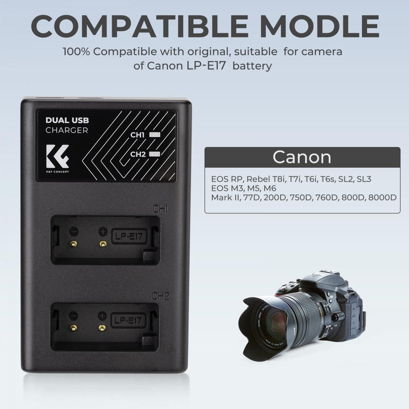 K&F Concept LP-E17 Dual Channel Charger with Type-C Charging Cable