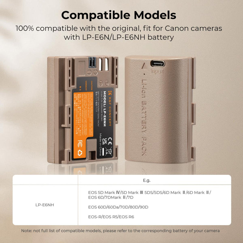 K&F Concept LP-E6NH 2250mAh Type-C Mount Direct Camera Battery