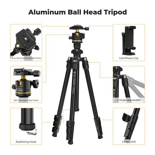 K&F Concept 70" Aluminum Alloy Travel Tripod with BH-36 Ball Head