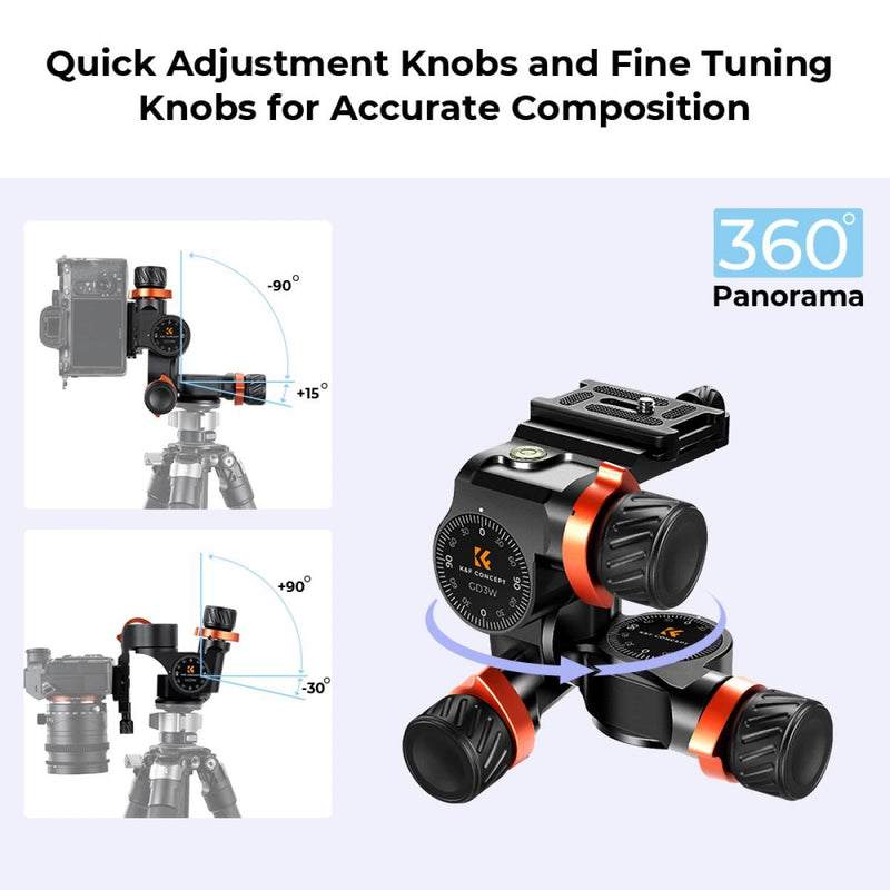 K&F Concept 3-Way Geared Aluminum Alloy Tripod Head