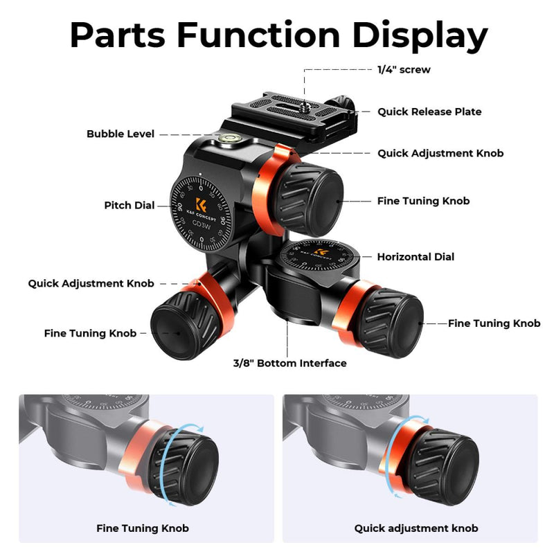 K&F Concept 3-Way Geared Aluminum Alloy Tripod Head