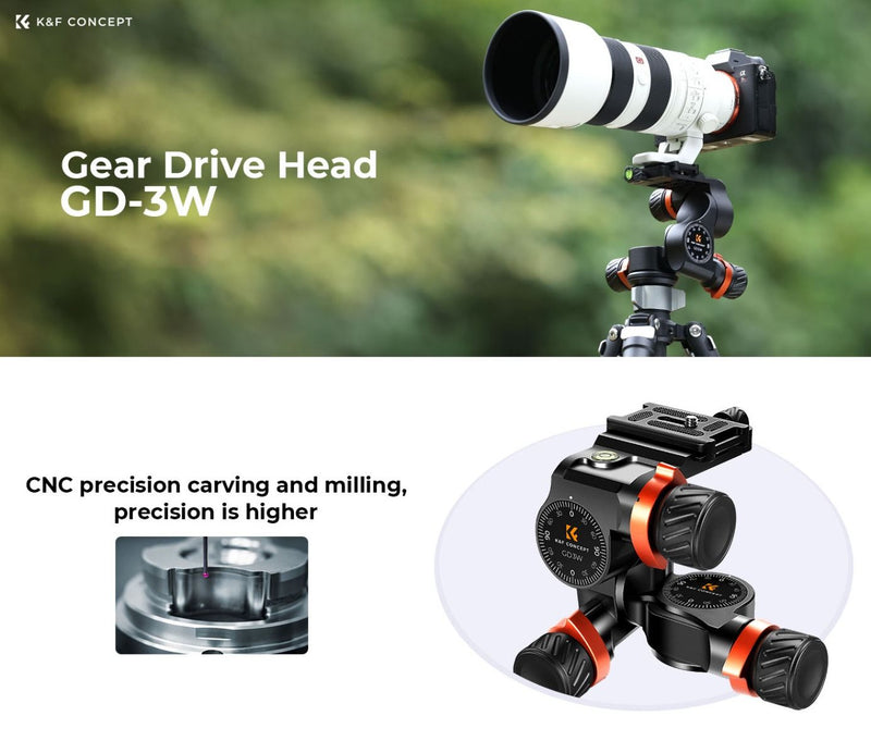 K&F Concept 3-Way Geared Aluminum Alloy Tripod Head