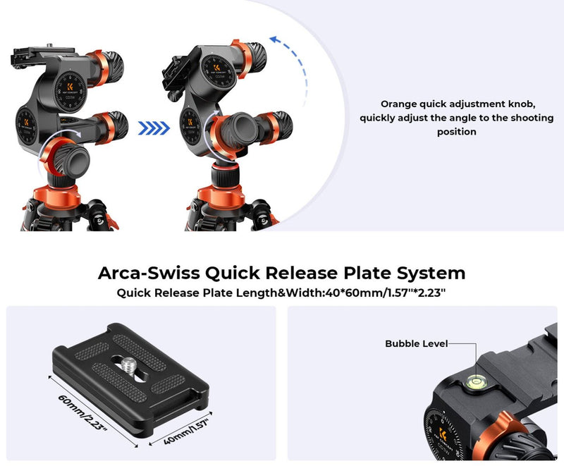K&F Concept 3-Way Geared Aluminum Alloy Tripod Head