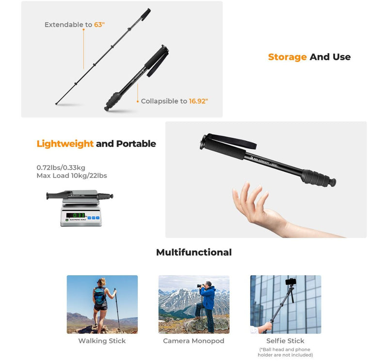 K&F Concept 63" 5-Section Aluminum Monopod