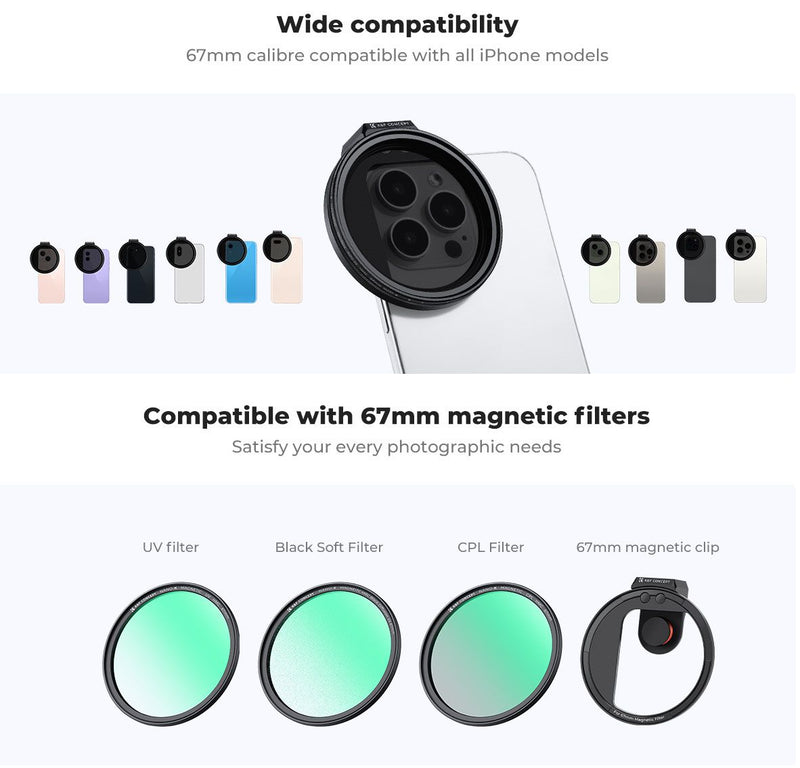 K&F Concept 67mm Clip-On Magnetic VND Filter (1-5 Stop) for Smartphones