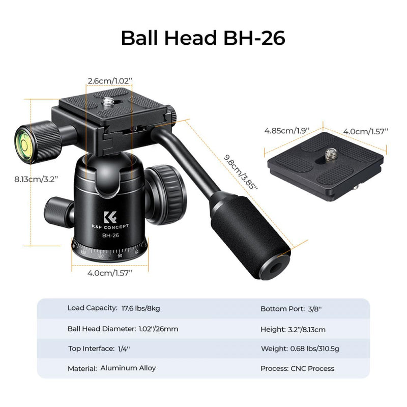 K&F Concept BH-26 Tripod Ball Head with Handle