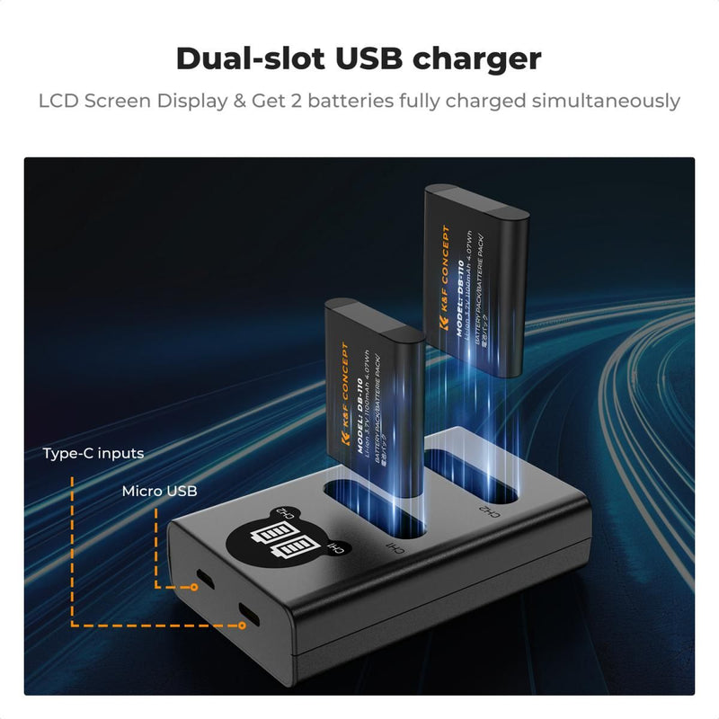 K&F Concept DB-110/Li-90B/Li-92B Dual Camera Battery and Charger Set