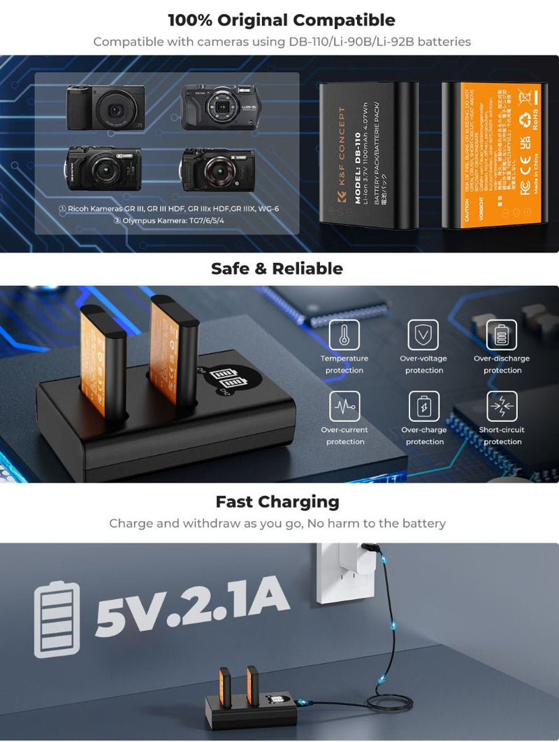 K&F Concept DB-110/Li-90B/Li-92B Dual Camera Battery and Charger Set