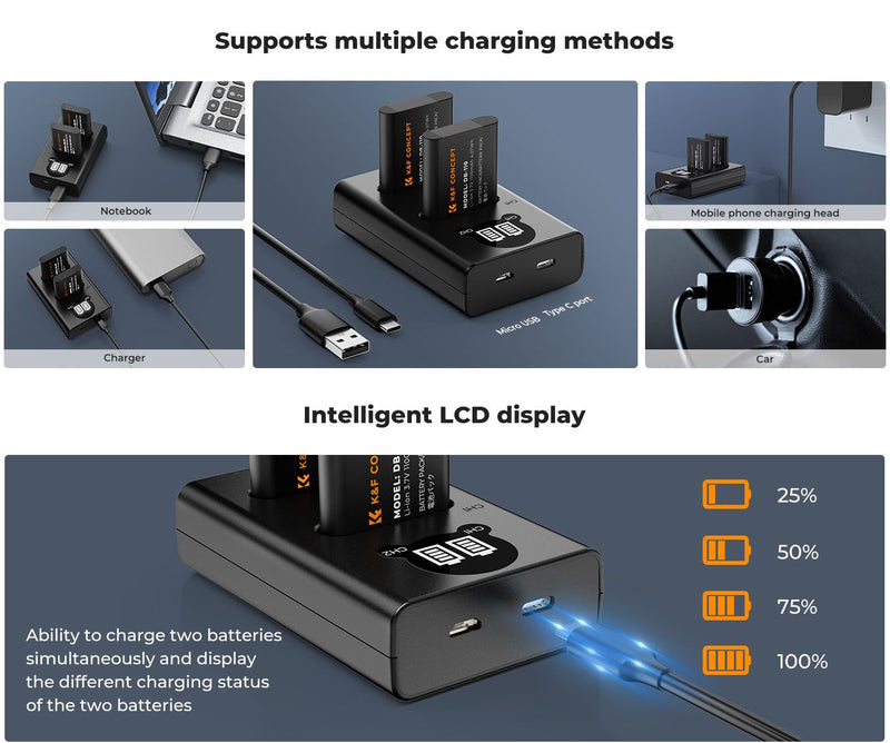 K&F Concept DB-110/Li-90B/Li-92B Dual Camera Battery and Charger Set