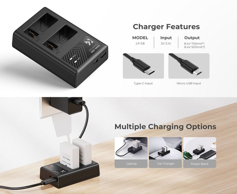 K&F Concept Dual Canon LP-E8 Battery and Charger Set