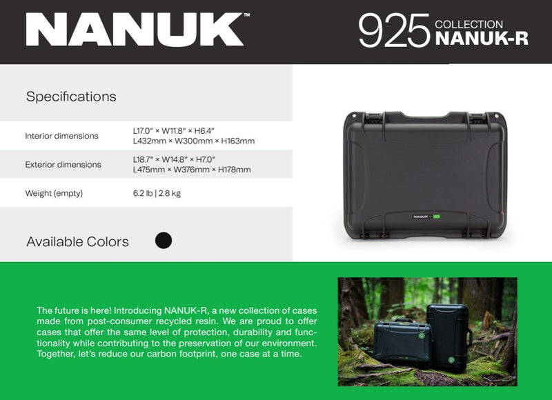 Nanuk 925 NANUK-R Collection Case with Padded Divider and Lid Organiser (Black)