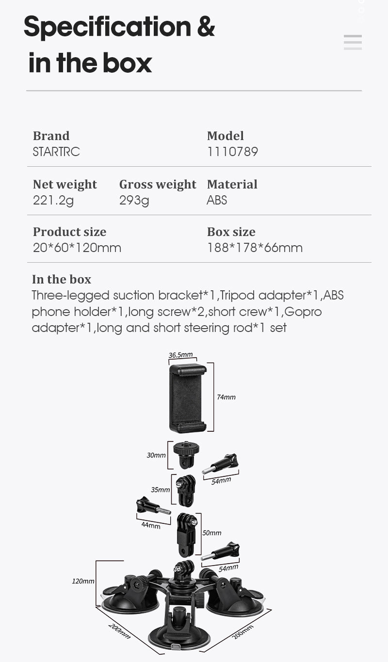 STARTRC Sunction Mount for Action Camera / DSLR / Phone / Stabilizer