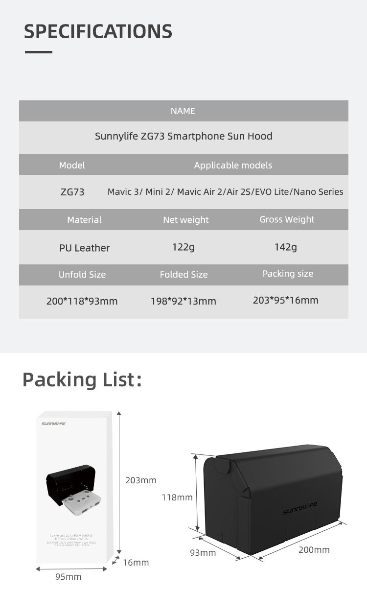 Sunnylife ZG73 Mobile Phone Sun Hood for Mavic 3/Air 2S/Mini 2/Mavic Air 2 RC