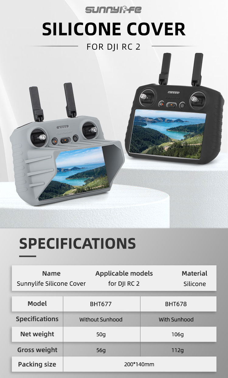 Sunnylife Silicone Protective Cover with Sun Hood for DJI RC 2 (Grey)