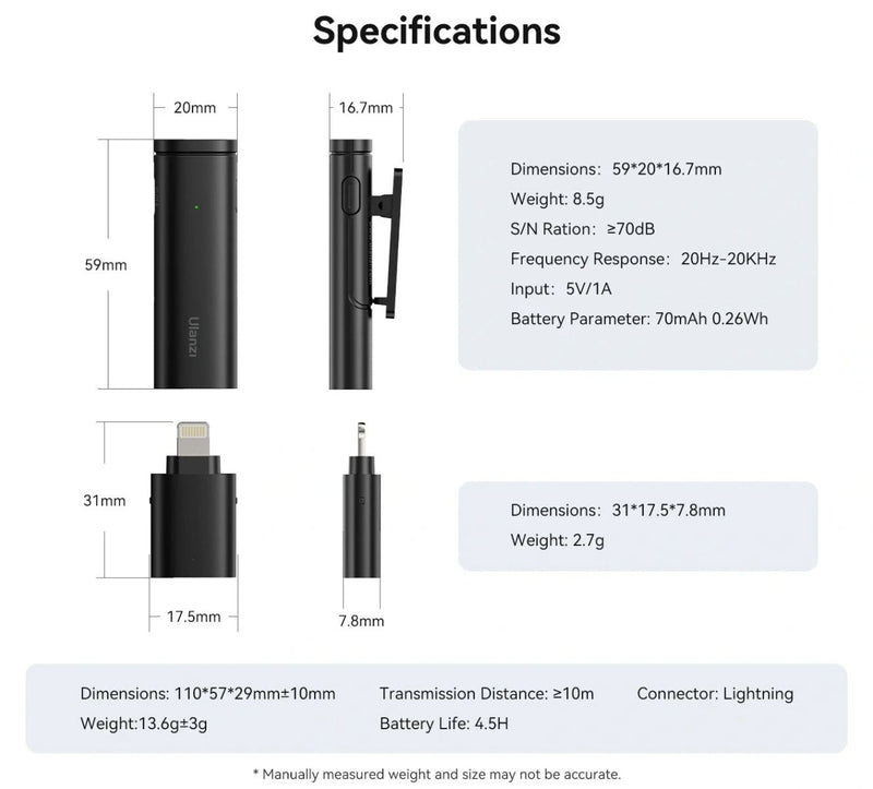 Ulanzi WM-10 Wireless Clip-on Microphone (Lightning) for Smartphone or Tablet 3319