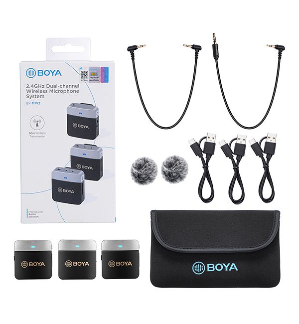 BOYA M1V2 Mini 2.4GHz Dual-Channel Wireless Microphone System (2x TX 1x RX)