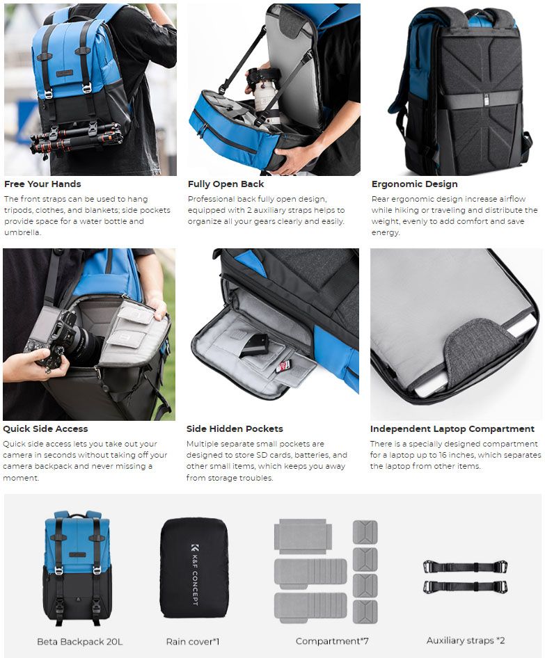 K&F Concept 20L Photography Backpack (Blue / Black)