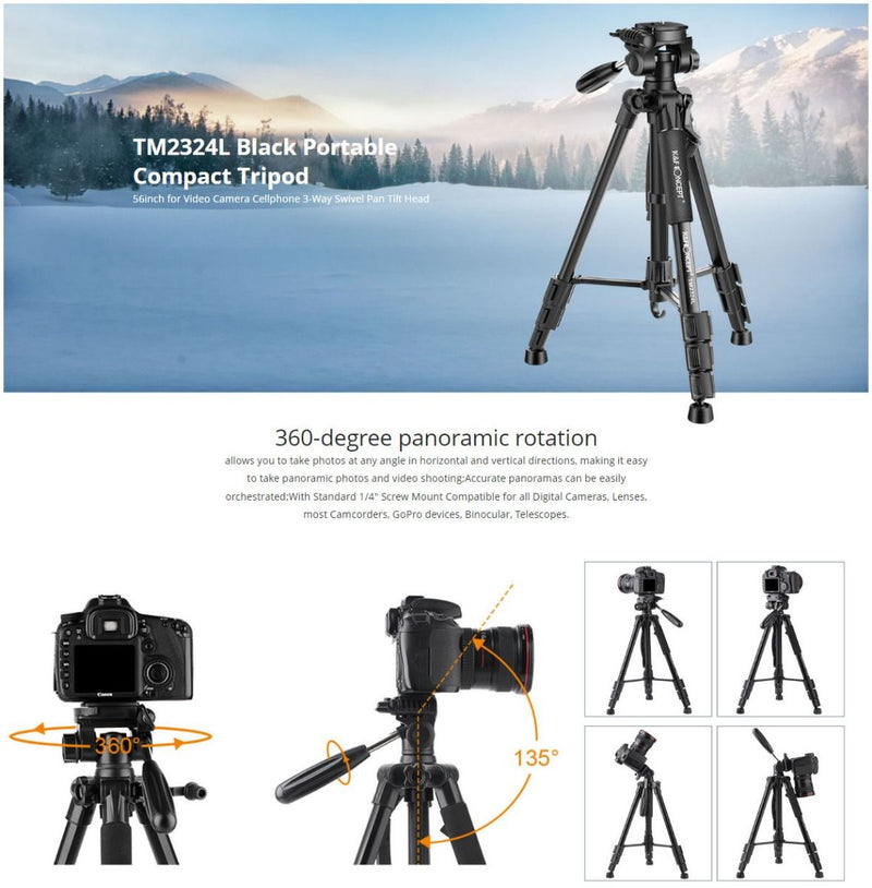 K&F Concept  58" Compact Tripod with 3-Way Pan Tilt Head (Black)