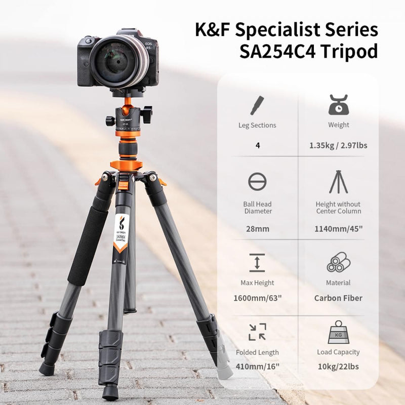 K&F Concept 63-inch Carbon Fiber Tripod with Detachable Monopod