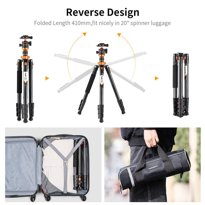 K&F Concept 63-inch Carbon Fiber Tripod with Detachable Monopod