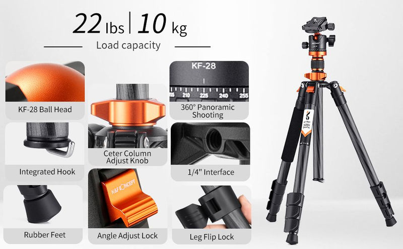 K&F Concept 63-inch Carbon Fiber Tripod with Detachable Monopod