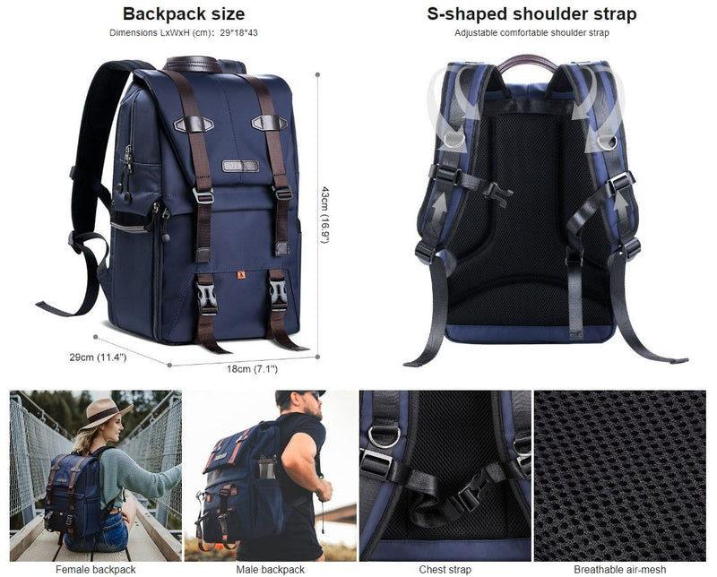 K&F Concept Multifunctional DSLR Camera Travel Backpack (Deep Blue)