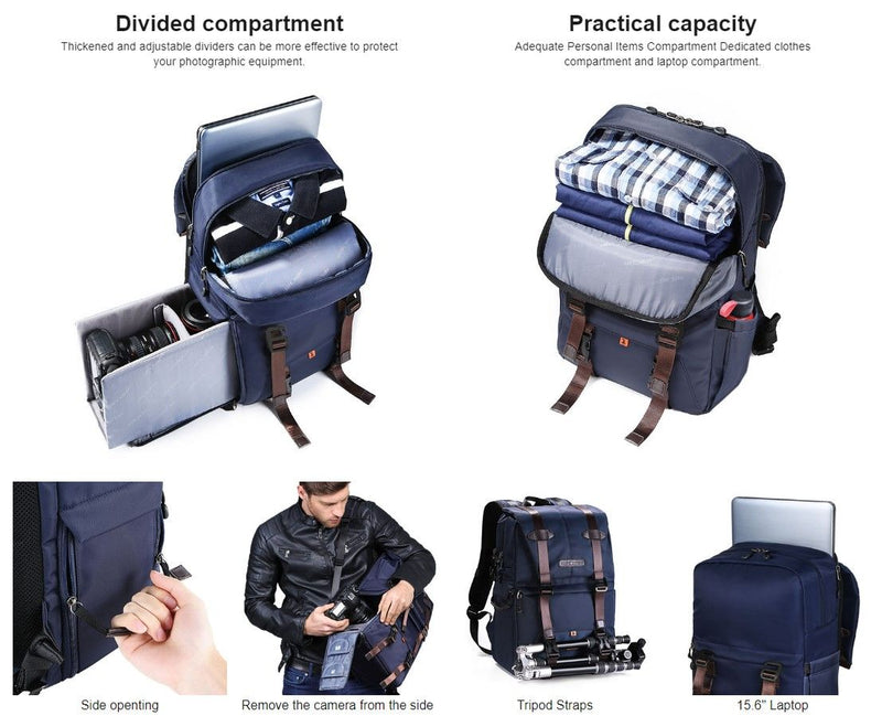 K&F Concept Multifunctional DSLR Camera Travel Backpack (Deep Blue)