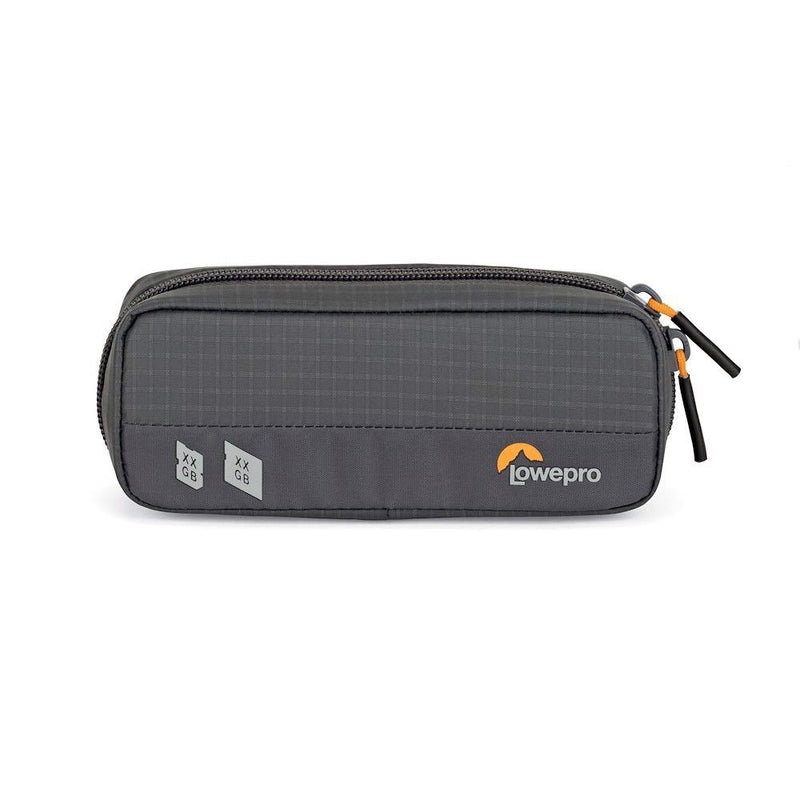 Lowepro GearUp Memory Wallet 20 showing its compact design, clear pockets for memory cards, and belt clip for easy access.