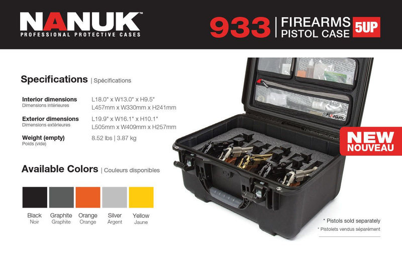 Nanuk 933 5 UP Gun Case with Lid Organizer (Yellow)