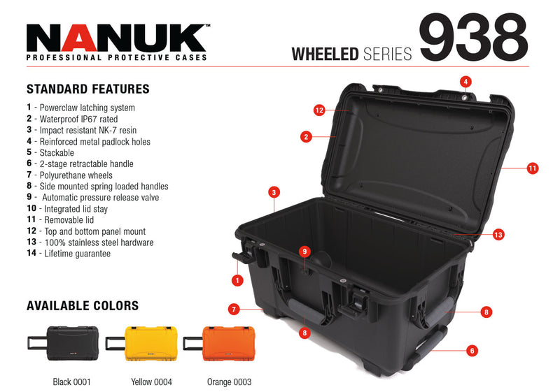 Nanuk 938 Pro Photo Case with Lid Organiser and Padded Divider (Yellow)