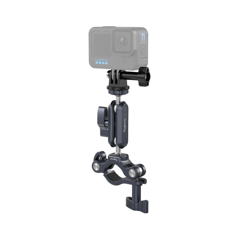 SmallRig Handlebar Clamp 4191 securely mounted on a bike handlebar, compatible with GoPro and other action cameras.