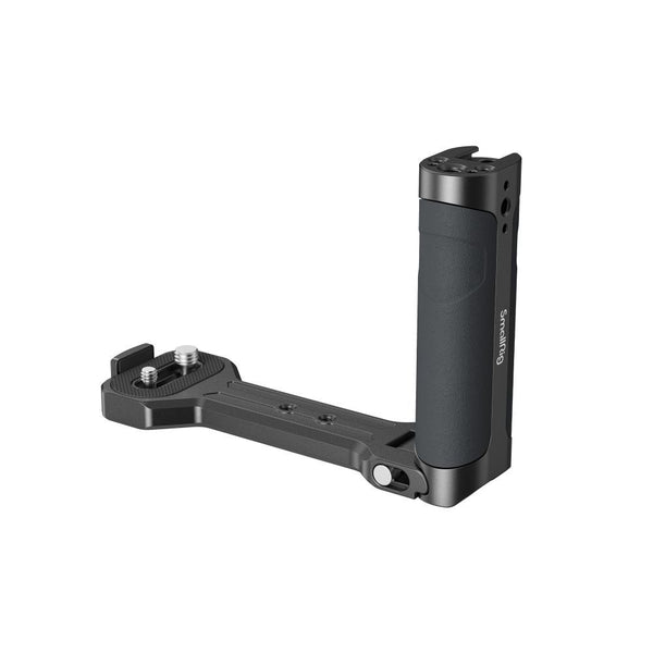 SmallRig Side Handle 2786C folded and unfolded, compatible with various DJI, Zhiyun, and Moza gimbals, featuring accessory mounts and ergonomic design.