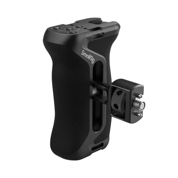 SmallRig 4346 Side Handle showcasing the ergonomic design, stretchable two-in-one locating screw, and silicon pads for enhanced comfort and stability.