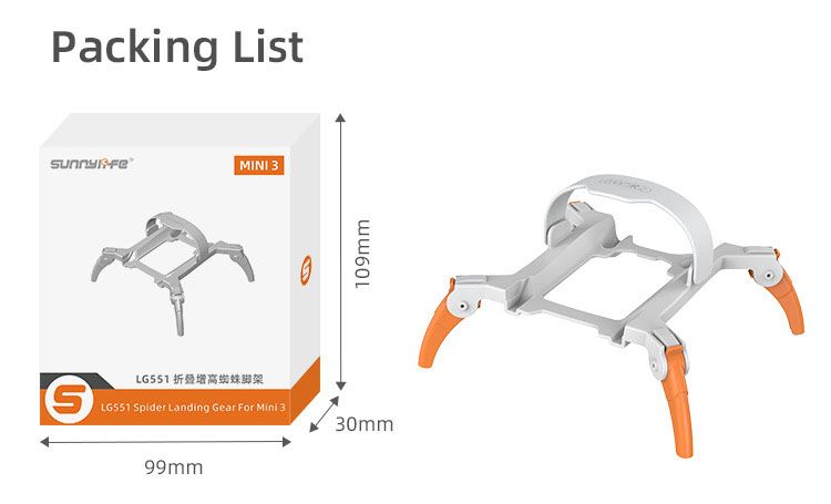 Sunnylife Spider Foldable Landing Gear Extensions for DJI Mini 3 (Orange & Grey)