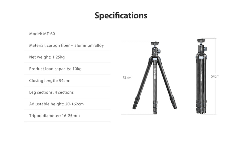 Ulanzi MT-60 Carbon Fiber Portable Travel Tripod 3115